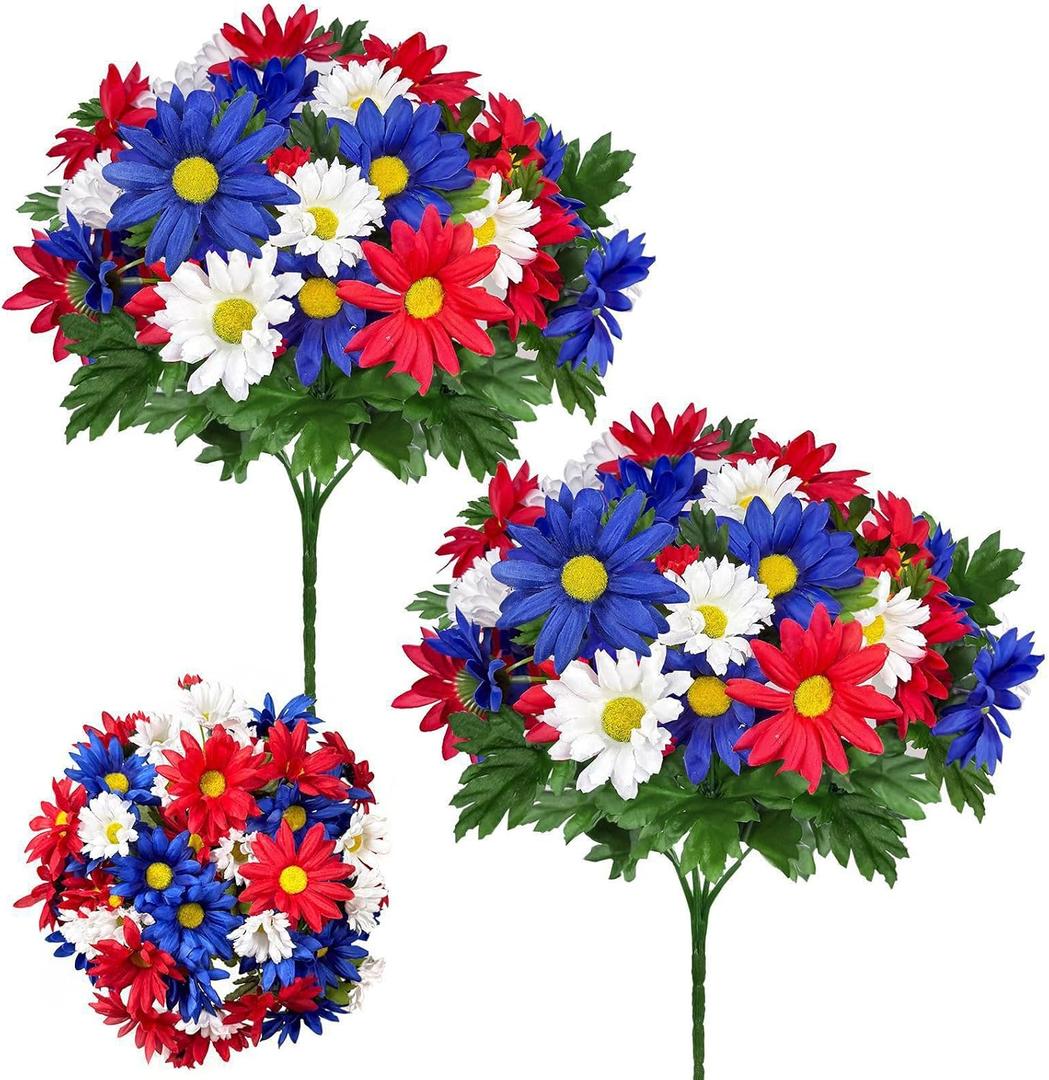 44 Heads Artificial Cemetery Flowers for Grave, 2 Bouquets UV Resistant Outdoor Grave Decorations Daisies, Red White Blue Patriotic Memorial Flowers for Veterans Outdoor Indoor USA 250th Anniversary