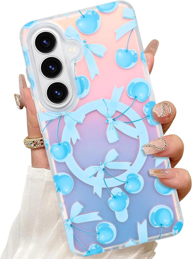 Magnetic Case for Samsung Galaxy S26 Plus 6.7 Inch, Cherry and Bows | Wireless Charging Compatible, Hard PC and Soft TPU, Iridescent Design, Anti-Scratch, Shockproof Protection, for Women
