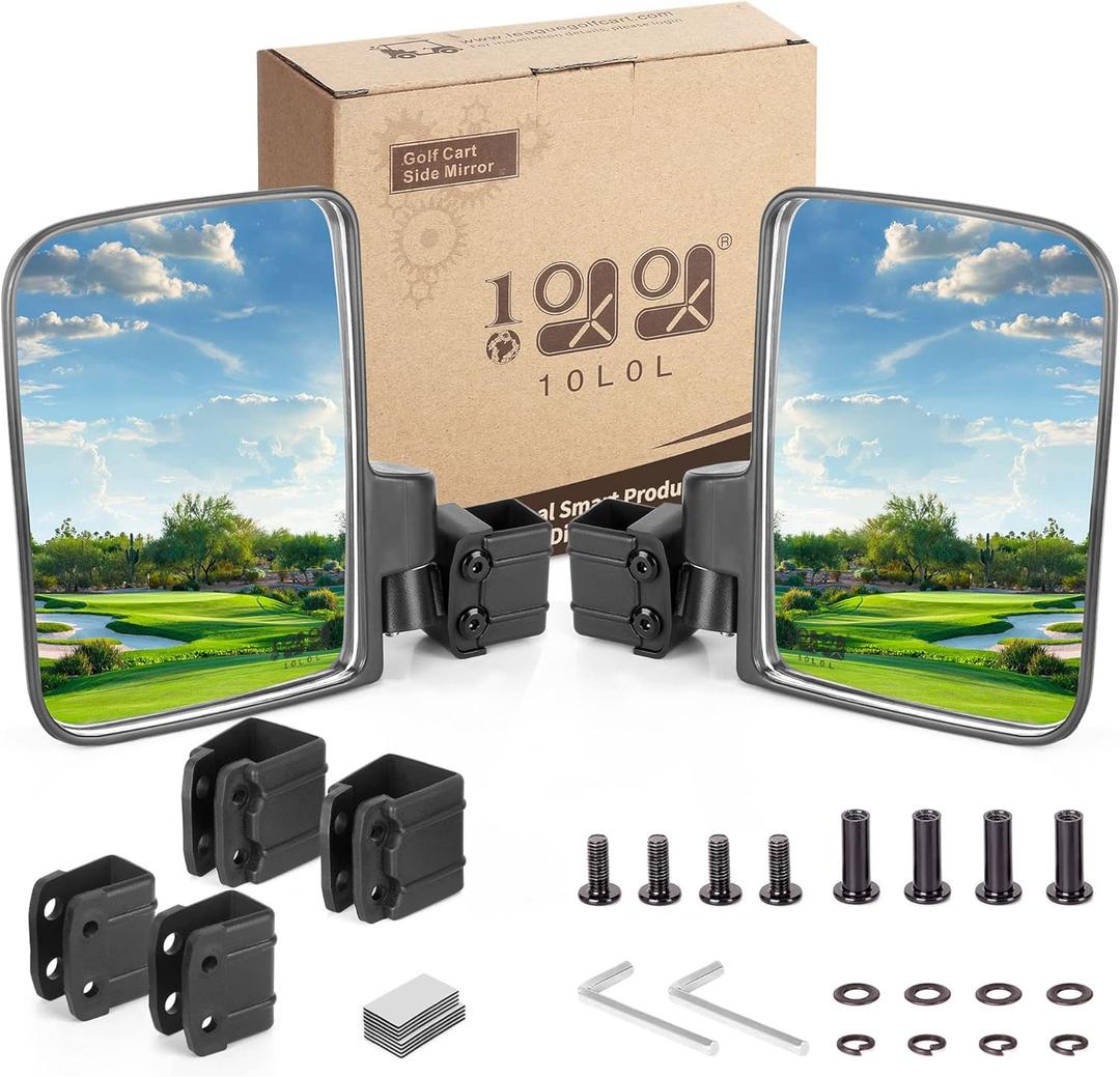 10L0L Golf Cart Mirror, No Drilling Extra Large Side View Mirror Universal for Yamaha, Club Car, EZGO, Folding Side Rear View Mirrors Adjustable 180 Degree