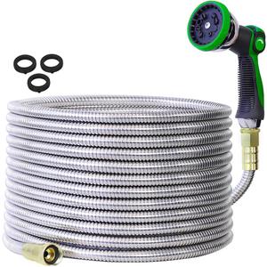 50FT Stainless Steel Metal Garden Hose - Kink-Proof & Tangle-Free, Includes 10-Pattern Spray Nozzle for Effortless Outdoor Watering and Cleaning