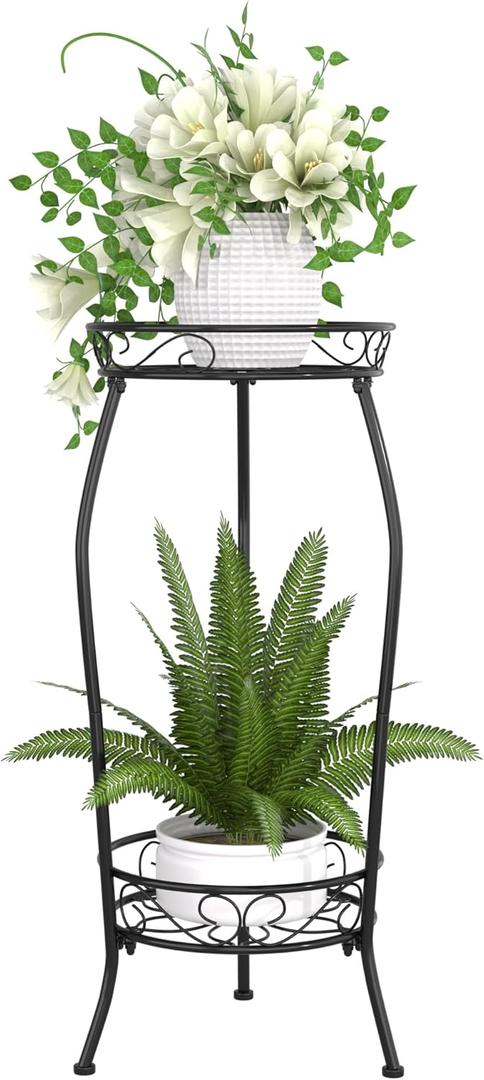 VECELO 2 Tier Metal Outdoor Plant Stand Indoor, Rustproof Stable 19.3 Iron Flower Stand, Decorative Multiple Heavy Duty Plant Holder, Black