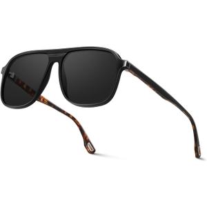 Premium Acetate Aviator Polarized Sunglasses for Men Women Scratch/Saltwater Resistant/Oleophobic Coating Lens (Black and Tortoise Frame/Grey Lens)