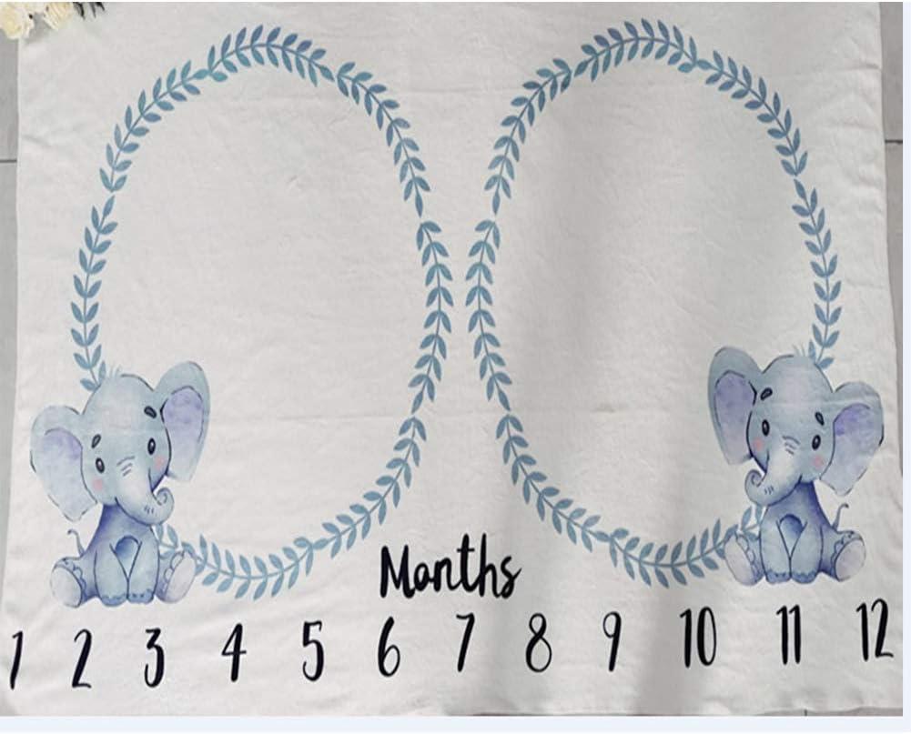 Baby Monthly Milestone Blanket Twins Neutral Blue Elephant Newborn Nursery Decor Photo Props Shoots Photography Growing Toddlers Soft Fleece Swaddle Blanket with Wreath Frames