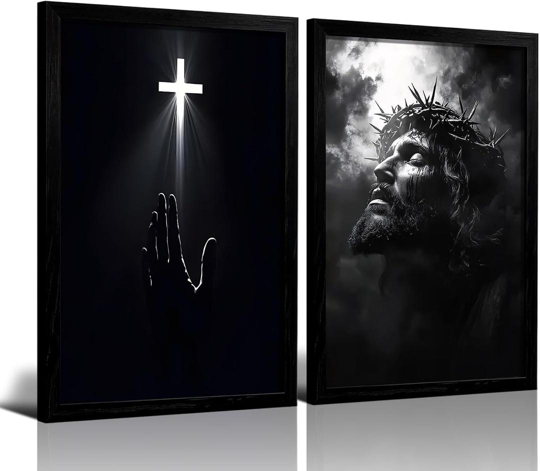 RUURUU 2Pcs Framed Black and White Christian Canvas Wall Art Jesus Christ Cross Wall Decor Redemption Faith Posters Religious Home Decor for Church Prayer Room Living Room Office 16x24inches