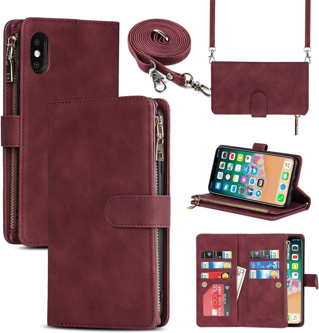 Cavor for iPhone X Wallet Case,for iPhone X Crossbody Case with Strap Stand,Phone Case for iPhone Xs with Card Holder for Women Men,Leather Magnetic Protective Cover,Wine Red
