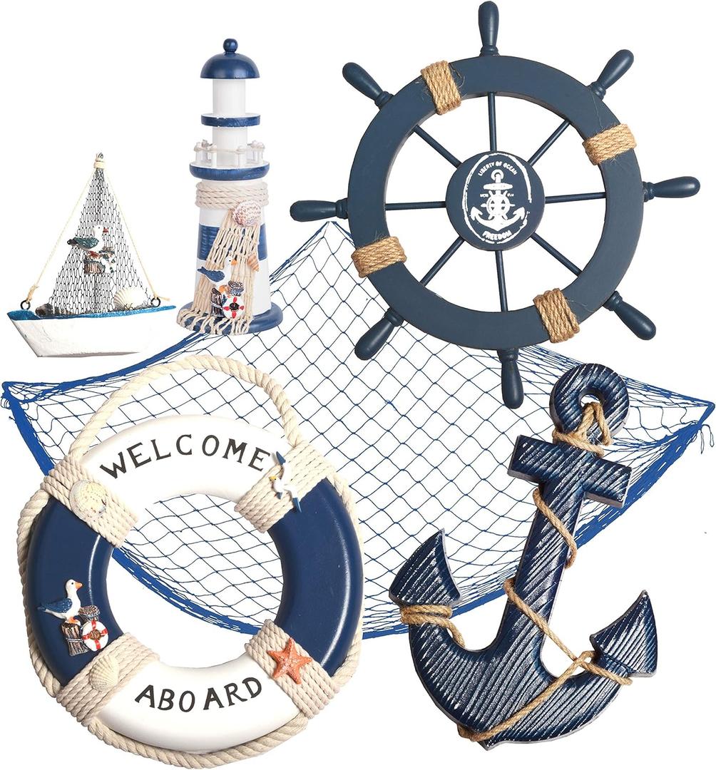Wooden Nautical Lighthouse Anchor Wall Hanging Ornament, Beach Wooden Boat Ship Steering Wheel Wall Decor, Nautical Sailing Ship Nautical Ship Wheel, Anchor Decor, Mediterranean Style Fishing Nets