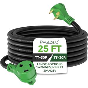 RVGUARD 30 Amp 25 Foot RV Extension Cord, Heavy Duty 10/3 Gauge STW Cord with LED Power Indicator and Cord Organizer, TT-30P/R Standard Plug, Green, ETL Listed (BLACK)