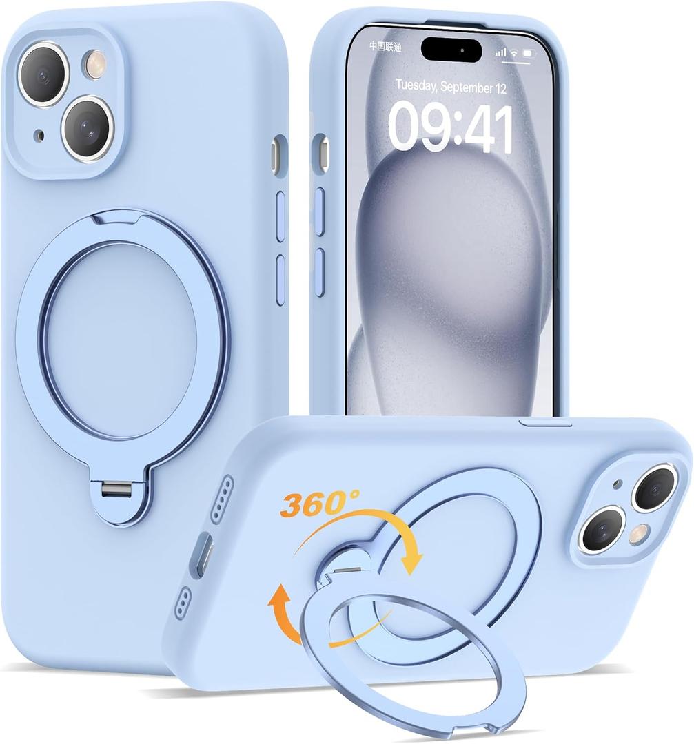 Compatible with iPhone 15 Case 6.1'' with 360 Spin Magnetic Ring Stand[Compatible with Mag-Safe] Soft Liquid Silicone 15 Case for Men Women,Blue
