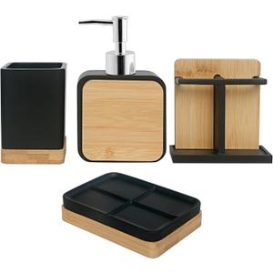Bathroom Accessories Set with Cup, Toothbrush Holder, Soap Dishes and Soap Dispenser, Vanity Decoration, New Home Gift, Black with Bamboo