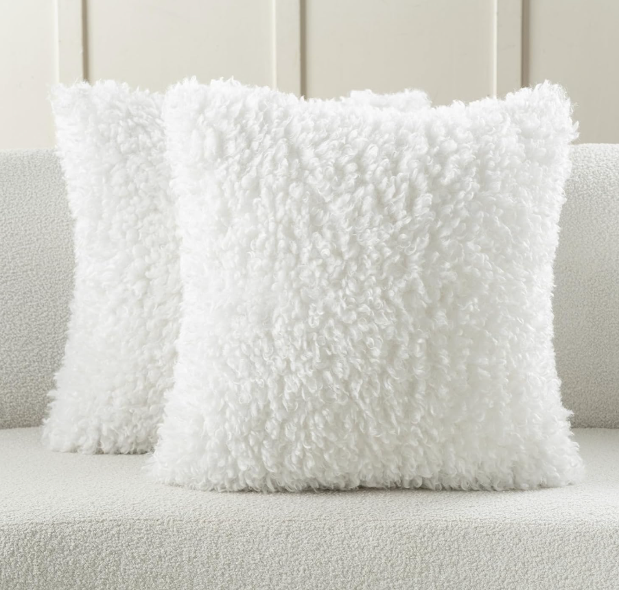 FUTEI Pack of 2 Decorative Throw Pillow Covers 24x24 Inch,Soft Fluffy Faux Wool Fur Boucle Textured European Cushion Case,Modern Home Decor for Couch Bed Living Room Office,Cream White