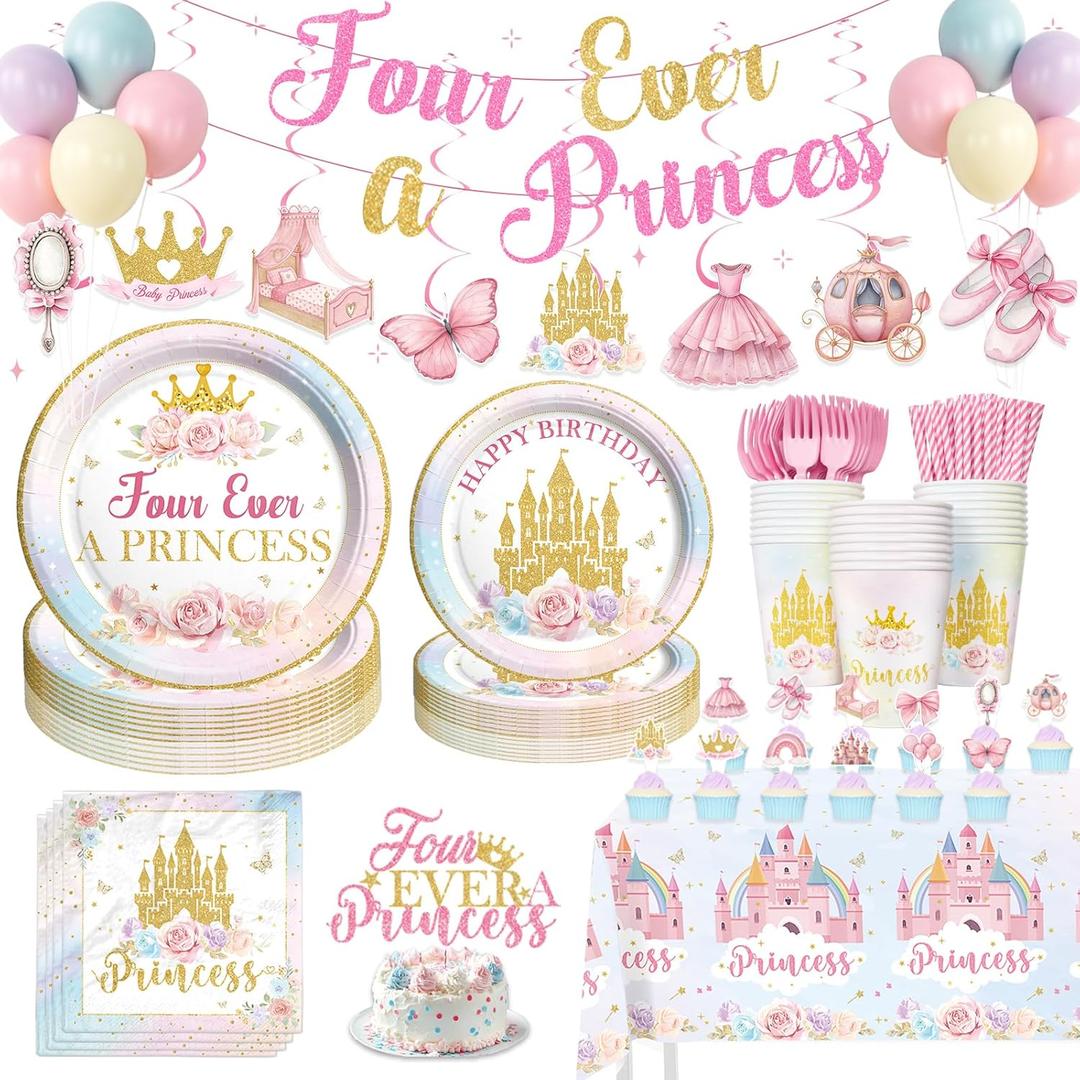 Four Ever A Princess Birthday Decorations, 193 PCs Princess Party Decoration Tableware Supplies with Balloons, Banners, Cake Toppers, Tablecloths, Plates, Cups, Straws, Forks & Hanging Swirls