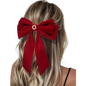 2Pcs Velvet Hair Bows Set – Red Elegant Bow Clip & Long Ribbon Hair Clip, Personalized Hair Accessories for Women, Girls & Kids, Gift for Weddings, Birthdays, Christmas (Red, Letter G, 2 Pack)