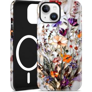 Jusy Compatible with MagSafe Flower Case for iPhone 14 Plus, Aesthetic Stained Glass Floral Magnetic Phone Case, Soft TPU and Hard PC Protective Cover for Women Girls (Shiny) - Bouquet