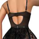 Lilosy Sexy Stocking Rhinestones Heart Garter Underwire Floral Mesh lace Sheer Babydoll Lingerie Teddy Bodysuit Skirt Set (Black, XS)
