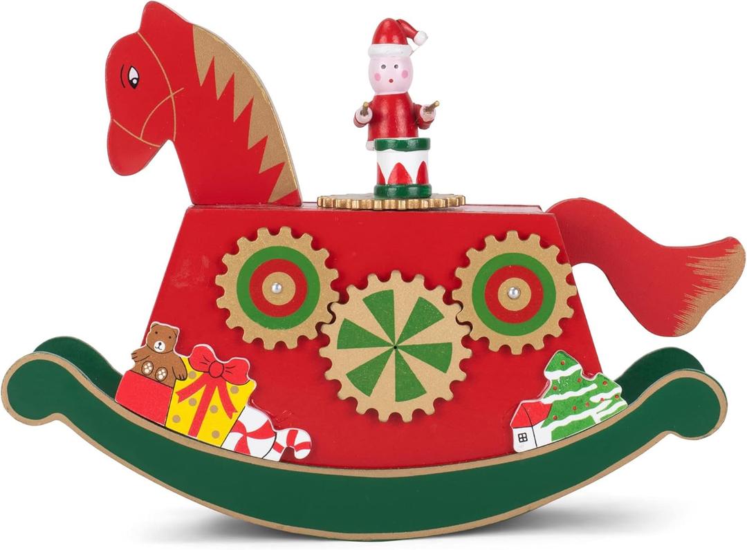 Cottage Garden Rocking Horse Gears Red 9 inch Wood Musical Holiday Figurine Plays We with You A Merry Christmas