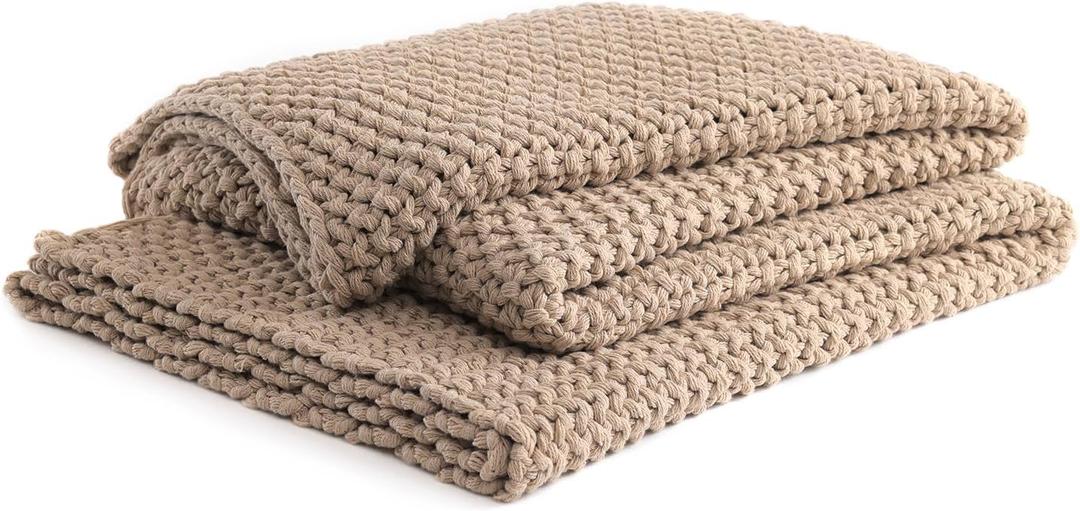 YnM Chunky Cotton Knit Throw Blanket, Cable Knit Throws for Bed Couch Sofa, Comfy & Relaxing, Decorative Piece for Farmhouse Modern Boho Rustic Scandinavian Chic Vibe, Beige 80x87 Inches (Beige - Medium Weight)