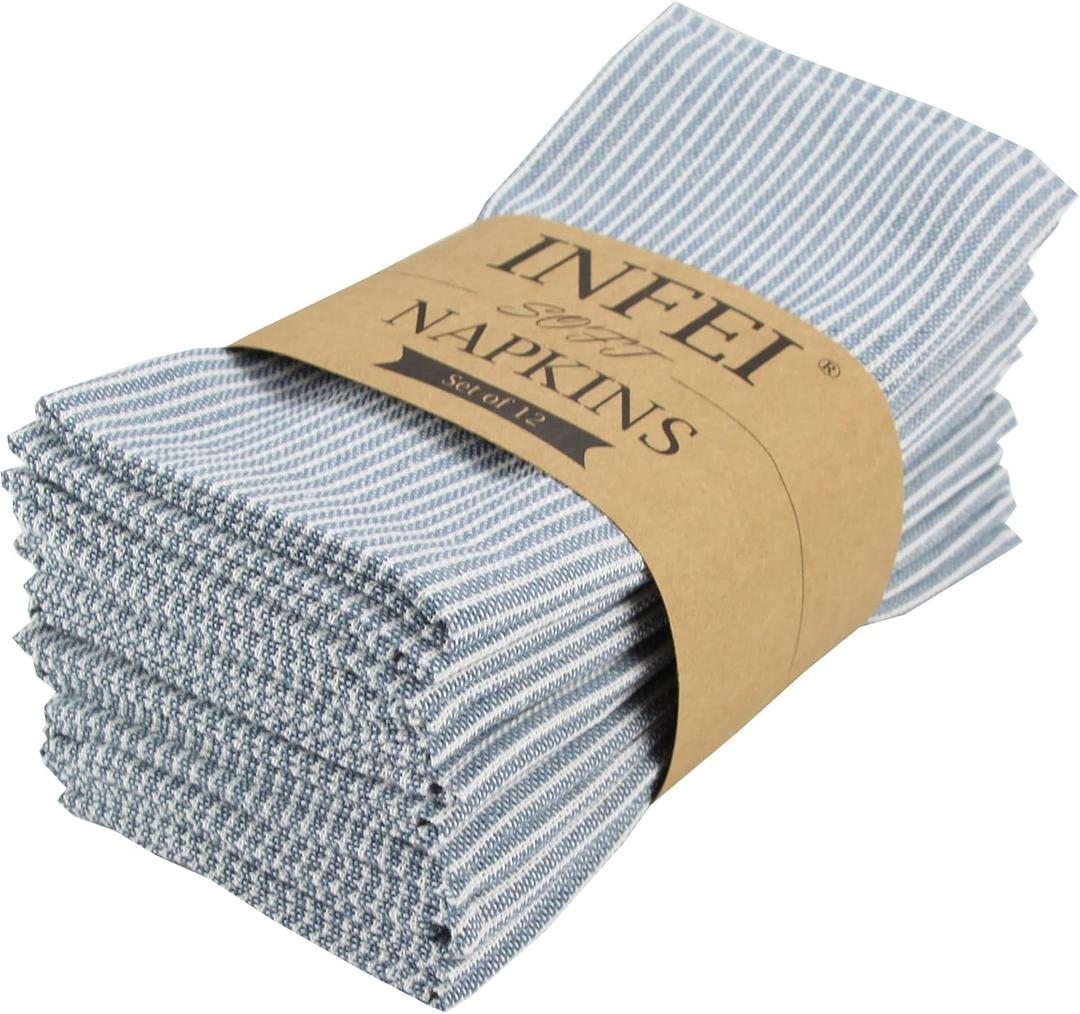 Narrow Striped Cotton Linen Blended Dinner Cloth Napkins - Set of 12 (40 x 30 cm) - for Events & Home Use (Blue)