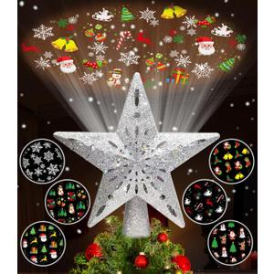 Tsorode Christmas Tree Topper Lighted, Star Tree Topper with Projector Built-in LED Rotating Lights with 6 Projection Modes,3D Glitter Dynamic Projection Christmas Decorations (Silver)