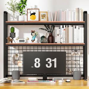 HUATOL Desktop Bookshelf for Computer Desk, 2-Tier Multipurpose Wood Countertop Bookshelf, Multipurpose Freestanding Storage Rack Display Shelf for Office, Home Decor, Kitchen, Brown (45*7.9*38 INCH)