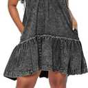 Women Denim Cami Dress Tie Shoulder Ruffle Hem Short Dresses Babydoll Wash Jean Sundress with Pocket, Gray, Small