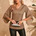 Womens Sequin Top 3/4 Sleeve Sparkly Shirt Glitter V-Neck Dressy Blouse for Evening Party Night (L)