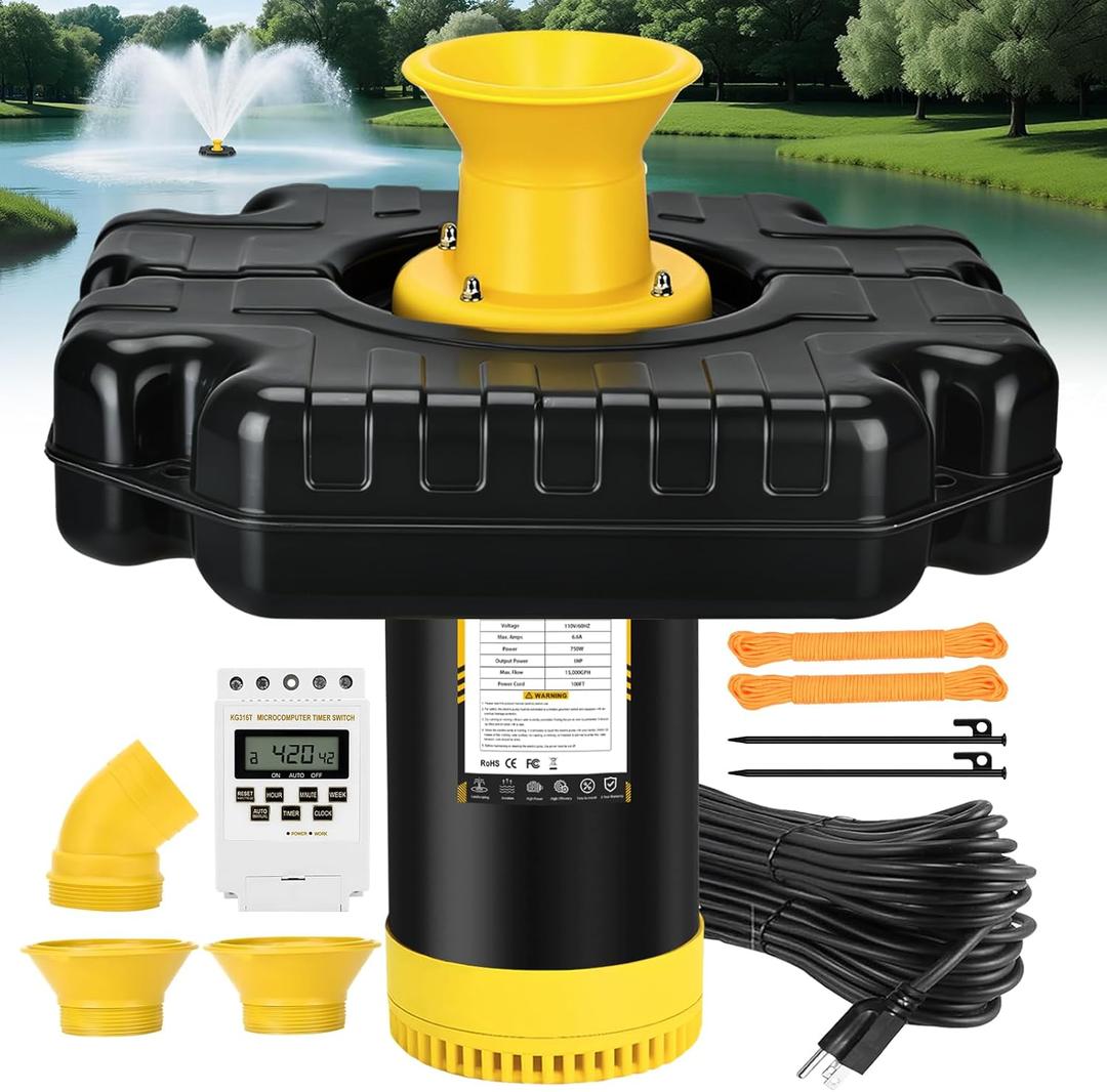 Pond Fountain Aerator, 1HP 110V 750W 15000 GPH Floating Aerating Fountain Pump with 100 FT Power Cord, Timer, 2 x 100 FT Traction Rope, Powerful Lake Pond Aerator for Larger Ponds, Lakes