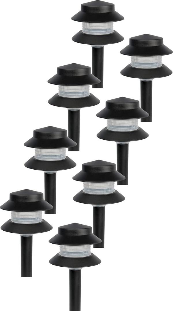 GreenLighting Paradise Low Voltage Landscape Pathway Lights - 2 Tier Outdoor Garden Lights - Easy, Simple Installation - Walkway, Lawn, Landscape Lighting (Black, 8 Pack)