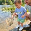 XRTBMN Toddler Baby Boys Frog Outfit 2Pcs Infant Summer Clothes Embroidery Short Sleeves T Shirts and Gingham Shorts Set (Green, 6-12 Months)