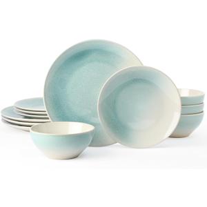 Famiware Glacier Stoneware Dinnerware Sets, Plates and Bowls Sets, 12 Pieces Kitchen Dishes Set for 4 - Dishwasher and Microwave Safe, Chip and Scratch Resistant, Aqua