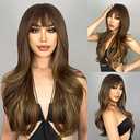 N NAYASA Brown Wigs with Bangs Long Layered Wigs for Women Brown Mixed Blonde Synthetic Wig Heat Resistant Natural Looking Wigs for Daily Party Use, Brown Mixed Blonde