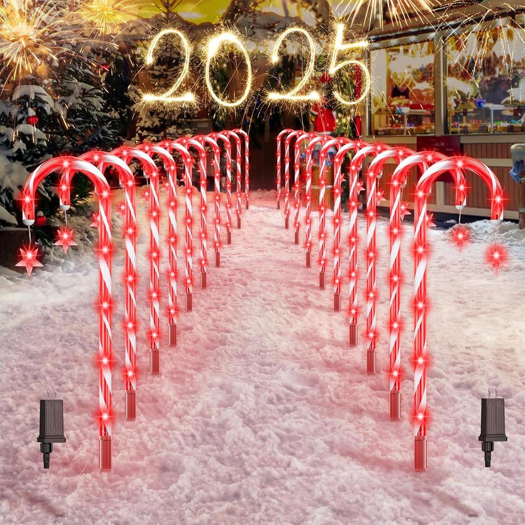 Super Bright 160 LED Christmas Pathway Lights Outdoor, 20 Pack Candy Canes Lights with Snowflake, 8 Flashing Modes Waterproof Outdoor Christmas Decor