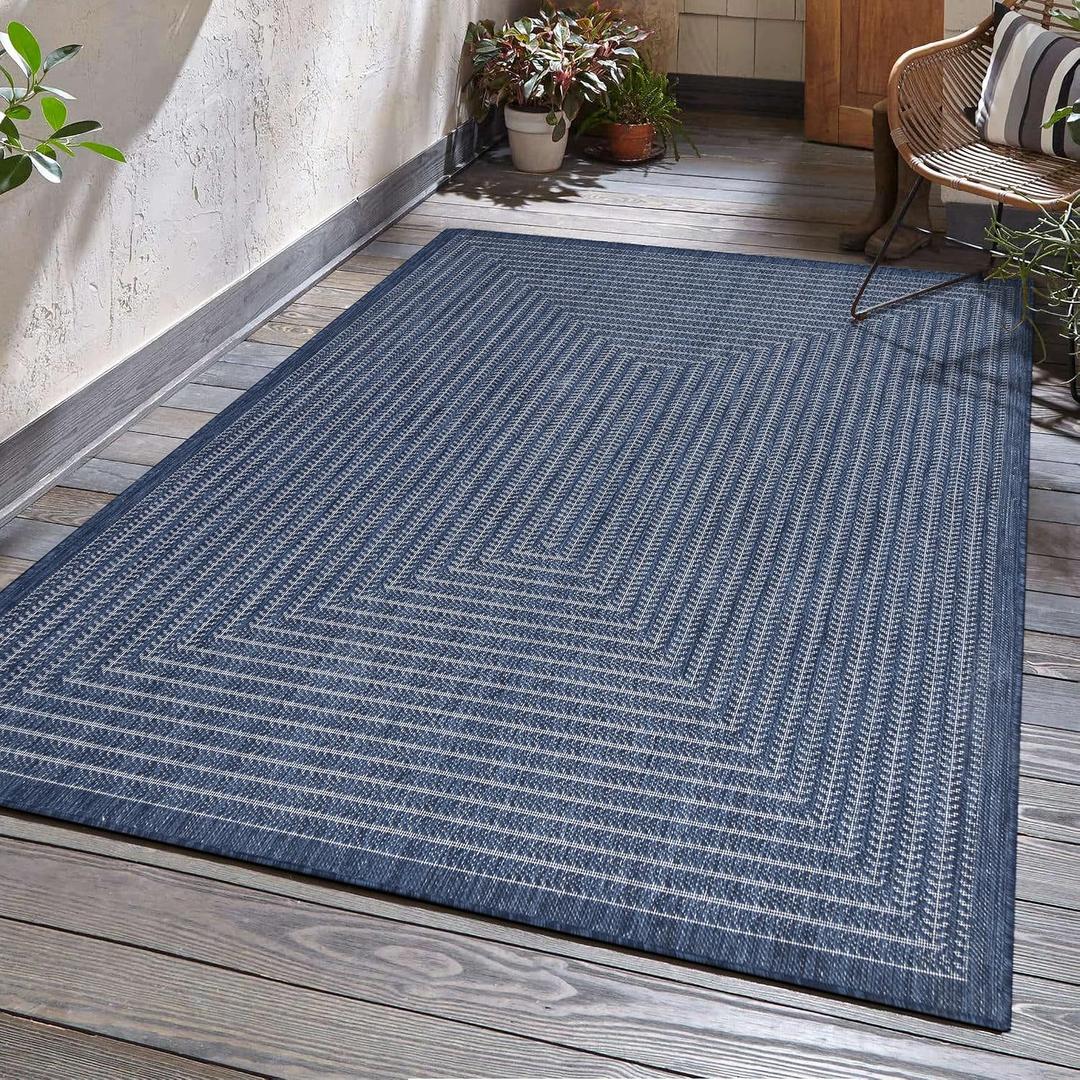 Adiva Rugs Outdoor Indoor Area Rug, Weather Resistant, Easy to Clean, Stain Resistant Floor Mat for Dining Room, Backyard, Deck, Patio (Navy Weiss, 9' x 12')