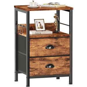Furologee Nightstand with 2 Fabric Drawers, Night Stand with 2-Tier Shelf, Bedside Table with Hooks, Open Wooden Shelf, End Table for Bedroom, Backboard Design, Metal Frame, Rustic Brown