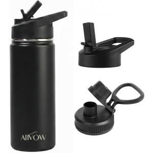 Insulated Water Bottle 32 oz with Straw, Metal Vacuum Stainless Steel Water Flask, Leak Proof & BPA-Free Sports Mens Water Bottle (2 Lids) for Gym,Hiking,Travel, Black