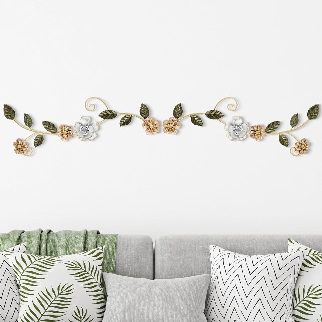 2 Pcs Metal Flower Wall Decor Spring Floral Wall Art Hanging Flowers Wrought Iron Scroll Sculpture for Living Room Bedroom Indoor Outdoor