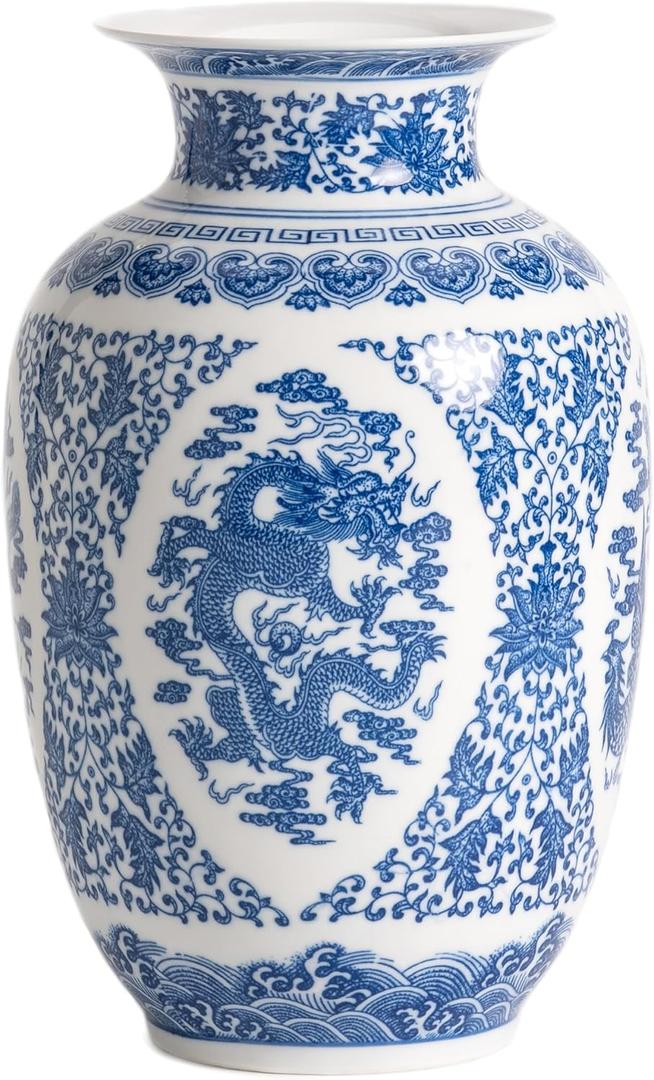 Blue and White Vase, Large Chinoiserie Vase Porcelain, Ginger Jar, Mantel Decor for Living Room & Home,11" H