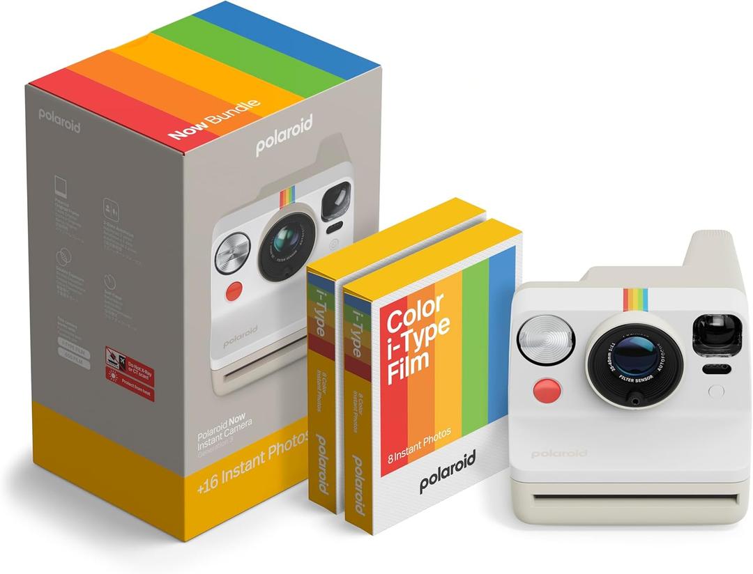 Polaroid Now 3rd Generation I-Type Instant Camera + Film Bundle - Now Pebble White Camera + 16 Color Photos (6561)