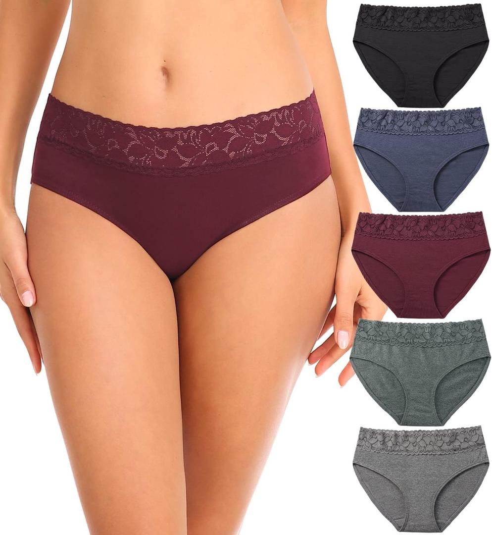 Womens Underwear Cotton Lace Panties Soft Bikini Panty Comfortable Hipster Stretch Full Ladies Briefs 5 Pack, Large