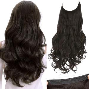 SARLA Invisible Wire Hair Extensions with 3 Clips Long Synthetic Wavy Curly Hairpiece Adjustable Transparent Headband for Women 18 Inch Black Brown