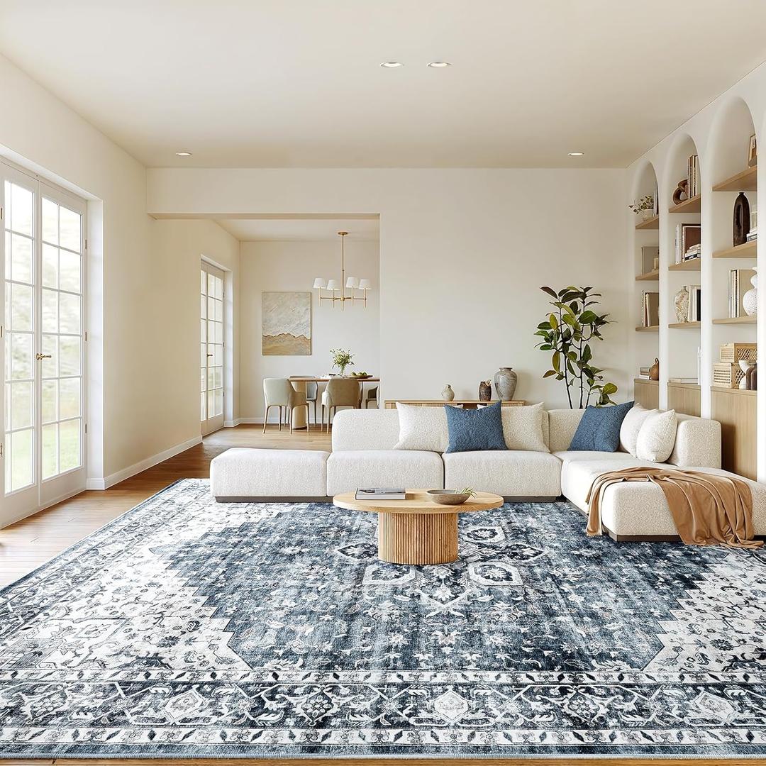 AMADA HOMEFURNISHING 8x10 Washable Area Rug, Low-Profile Large Area Rug with Non-Slip Backing & Durable Edge Binding, Vintage Large Rugs for Living Room, Bedroom, Dinning Room (8'x10', Blue)
