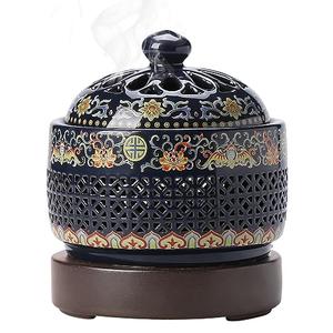 Ceramic Holder Electric Incense Burner Enamel Built-in LED Lights Simulate Flames, Classical, Elegant and High-end Hollow Design