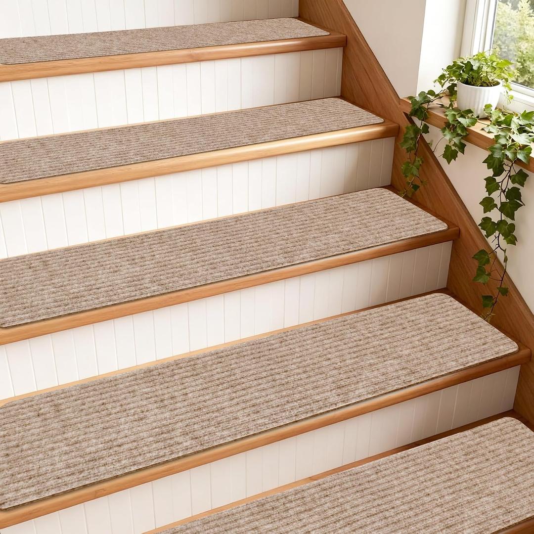 Extra Wide Non Slip Stair Treads for Wooden Steps 15 Pack 9" x36'' Extra Wide Carpet Runners with Reusable Adhesive, Step Pads for Dogs, Kids, Seniors, Machine Washable Geige