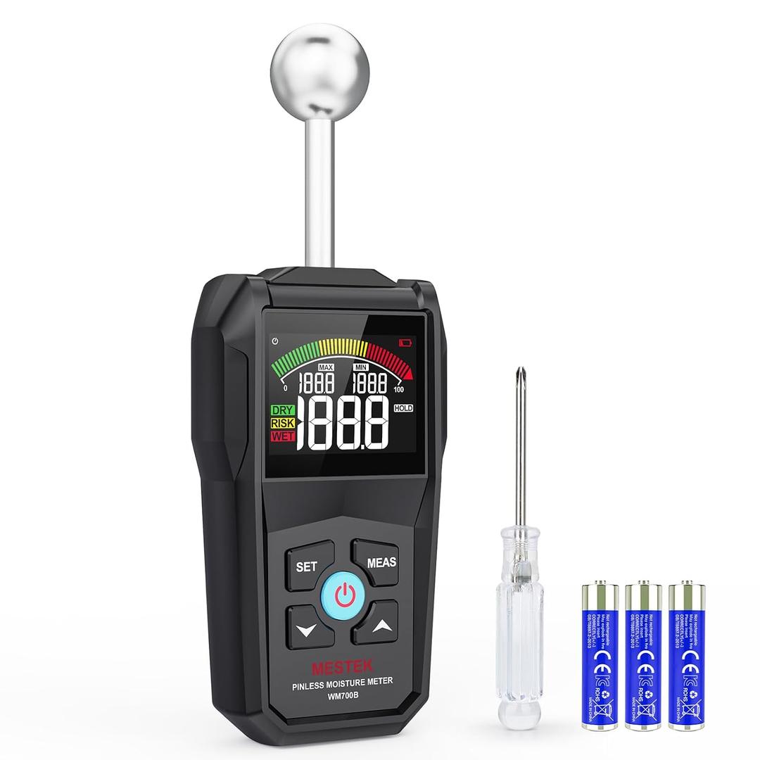 MESTEK Pinless Moisture Meter for Wood, Walls & Drywall, Digital Moisture Detector, Concrete Moisture Meter & Firewood Reader, Detects up to 40mm Below Surface with 3-Color LCD Display, Audible Alarm