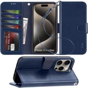 Arae Compatible with iPhone 15 Pro Max Case with Card Holder and Wrist Strap Wallet Flip Cover for iPhone 15 Pro Max 6.7 inch,Blue Arae Compatible with iPhone 15 Pro Max Case with Card Holder and Wrist Strap Wallet Flip Cover for iPhone 15 Pro Max 6.7 inch,Blue
