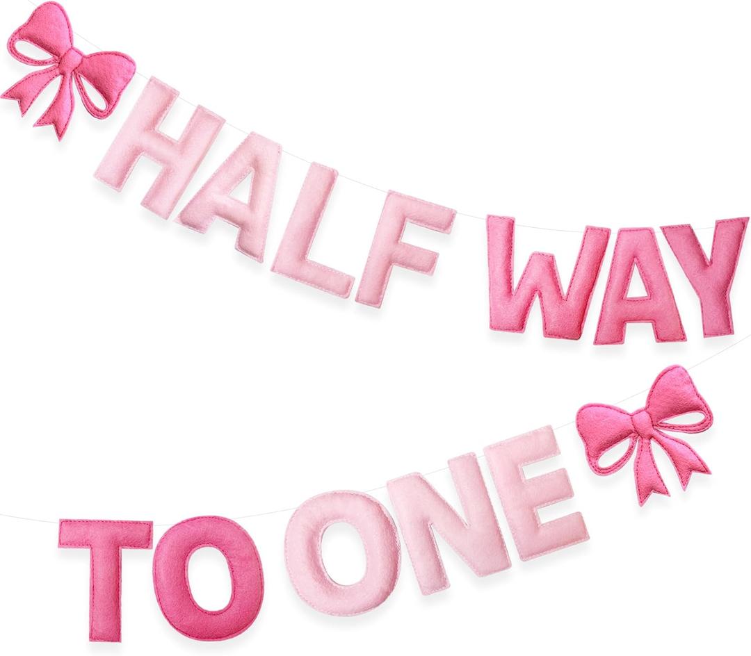 Pink Bow 1/ 2 Birthday Decorations Handmade Felt Pre-Strung Half Way To One Sign Banner with Pink Bow for 6 months Birthday Half Way To One Baby Girl Decorations Party Nursery Home Wall Fireplace Decor