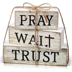 CroBlissful 4 Pcs Farmhouse Wooden Tabletop Decor Bible Verse Wooden Sign Inspirational Religious Christian Table Decor Pray Wait Trust Block Centerpiece Gifts for Home Kitchen Shelf Mantle (White)