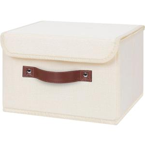 ANMINY Storage Bin with Lid Storage Boxes with PU Leather Handles PP Plastic Board Decorative Foldable Lidded Cotton Linen Fabric Home Cubes Baskets Closet Organizer Container - Beige, Small Size (Small (Pack of 1))