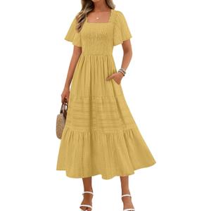 MEROKEETY Women's 2026 Summer Flowy Midi Maxi Dress Short Sleeve Square Neck Smocked Tiered Ruffle Boho Dresses with Pockets (Yellow, S)
