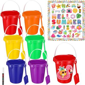 6 Sets Beach Sand Bucket and Shovel Set Included 6 Pcs 7.5 Inch Castle Beach Buckets Shovels 58 Hawaiian Cardstock 1 White Marker for Sandbox Summer Gifts Pool Party Favor