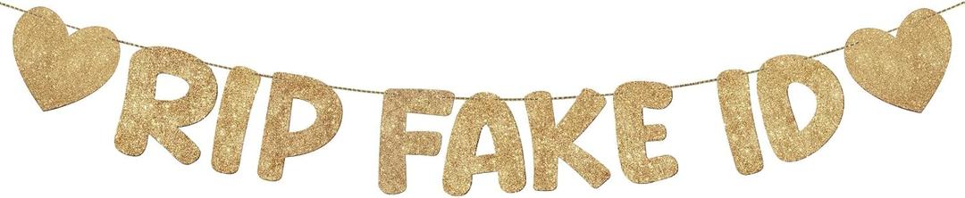 Fulmoon Pre Strung Rip Fake ID Banner 21st Birthday Glitter Banner Funny Birthday Sign 21 Year Old Party Decoration Supplies for Boy and Girl Gifts (Champagne Gold)